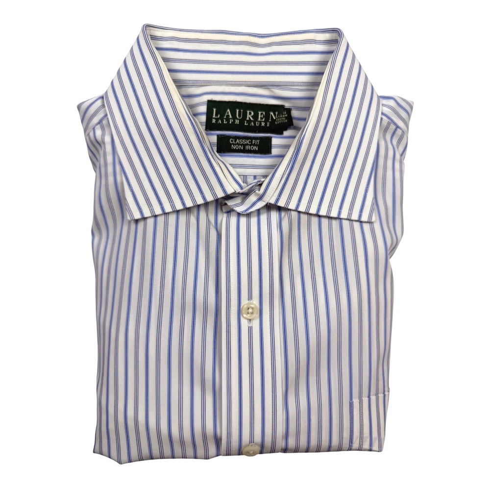 Lauren Ralph Lauren‎ Mens Classic Fit Non Iron Striped Blue Dress Shirt 17 34 35